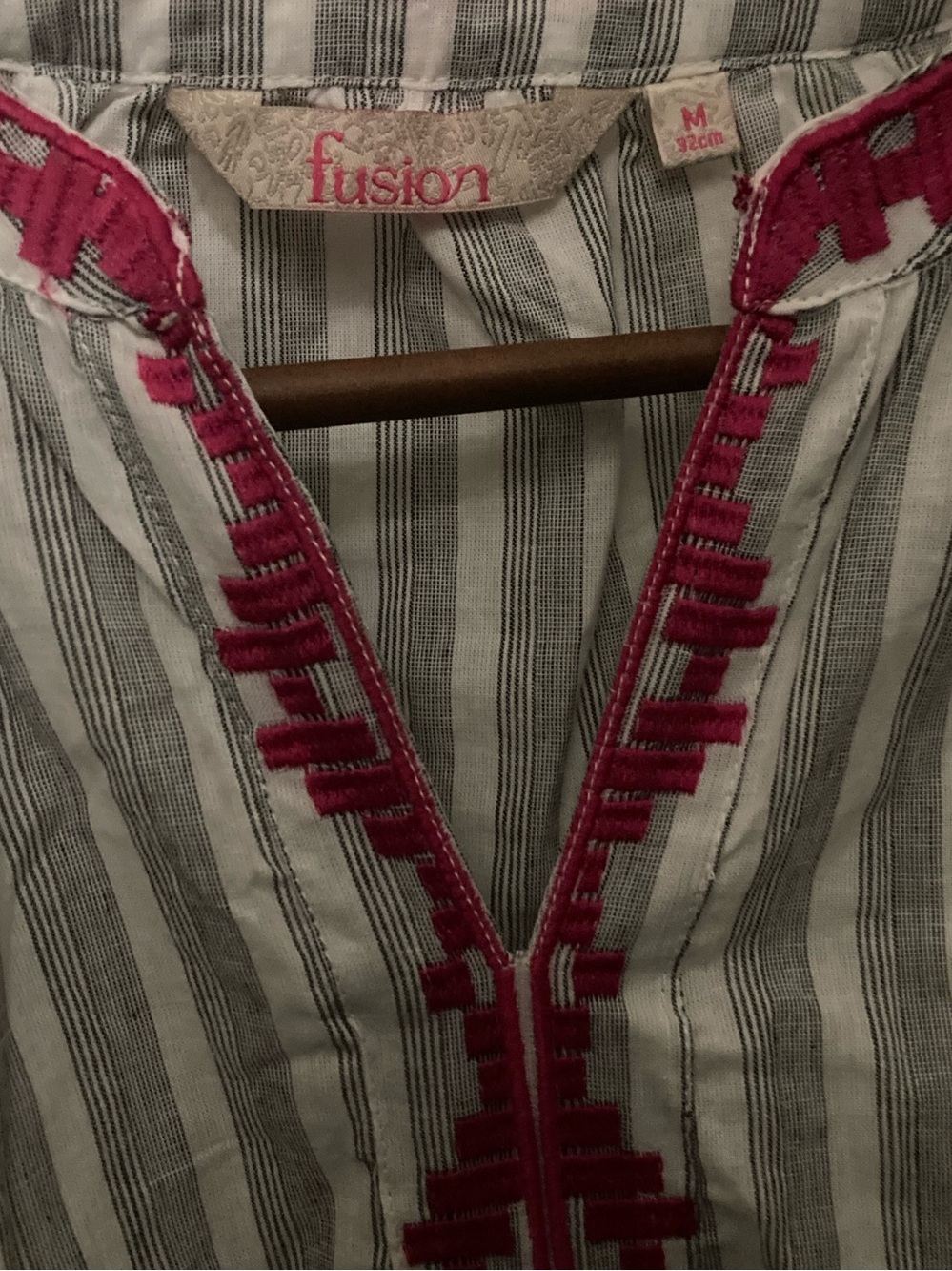 Fusion medium cotton Striped embroidered Maxi Dress with Pink Embroidered Trim